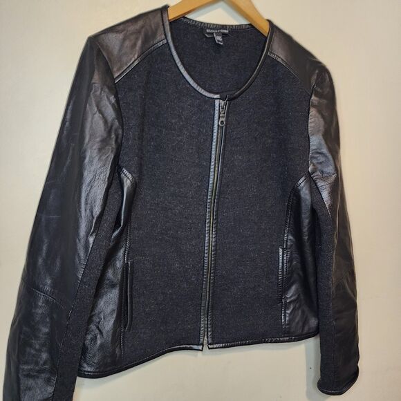 Eileen Fisher Jacket Black Leather Wool Womens Medium Silk Lined Full Zip - Picture 3 of 16